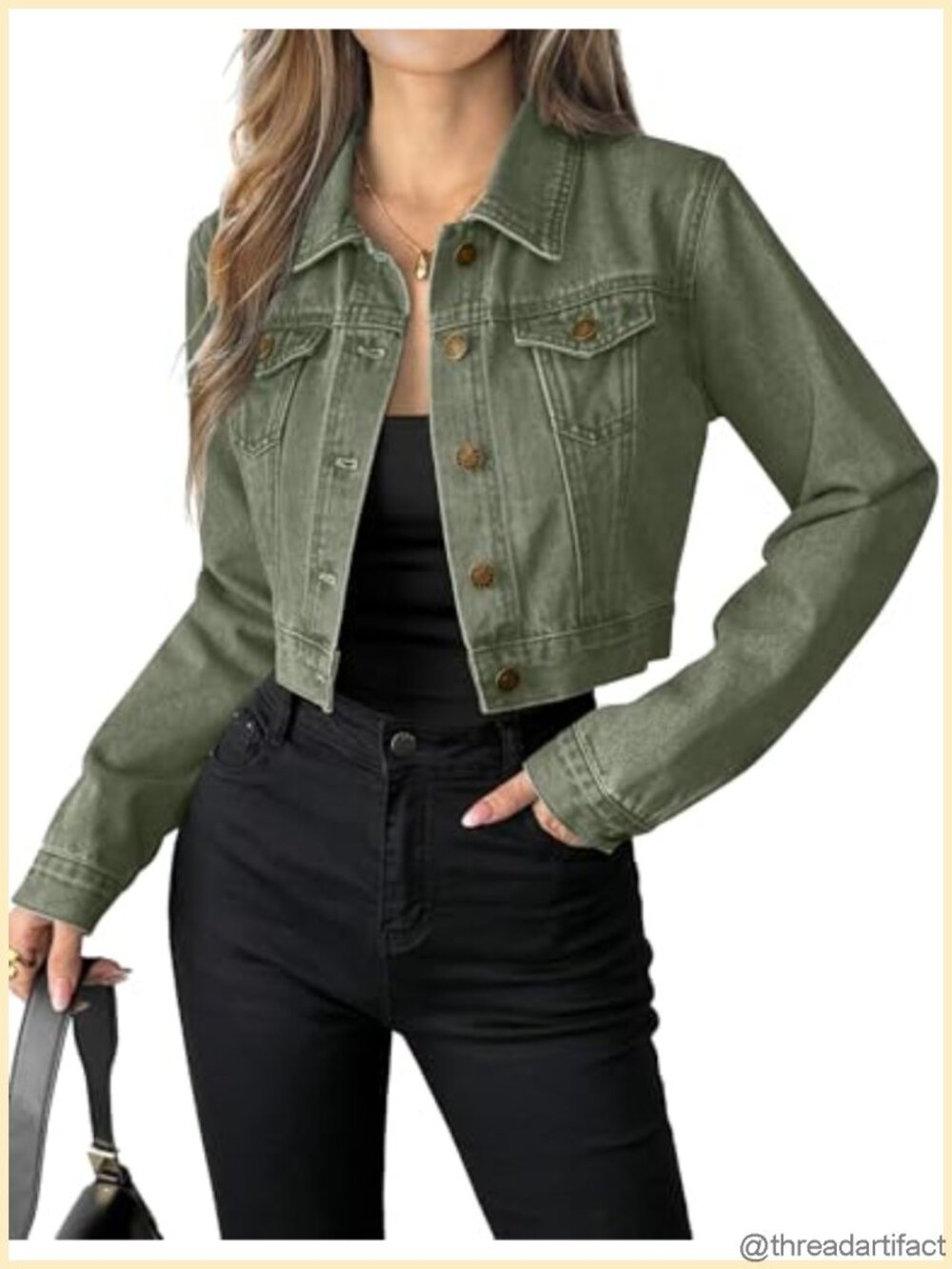 100% Cotton Cropped Button Down Denim Jean Jacket Long Sleeve Chest Pockets